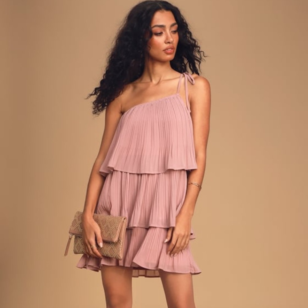 Dusty Pink Pleated One Shoulder Mini Dress